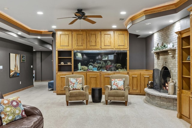 8600 Beall St, Dyer, IN 46311 - living area featuring ceiling fan, a fireplace, light colored carpet, and recessed lighting