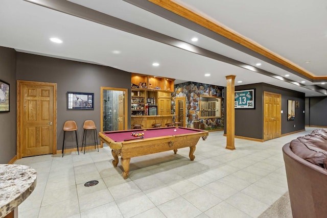 8600 Beall St, Dyer, IN 46311 - playroom featuring decorative columns, baseboards, billiards table, recessed lighting, and light tile patterned flooring