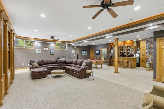 8600 Beall St, Dyer, IN 46311 - living area with a ceiling fan, recessed lighting, light carpet, ornamental molding, and light tile patterned flooring