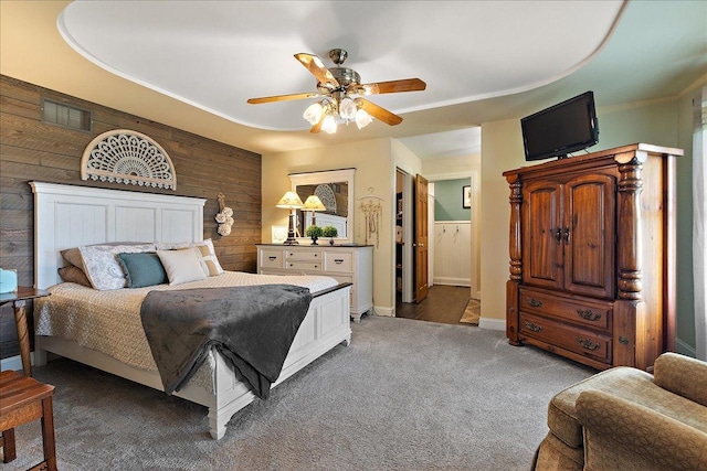 27425 S Steven Ray Dr, Monee, IL 60449 - bedroom featuring wooden walls, carpet floors, and ceiling fan