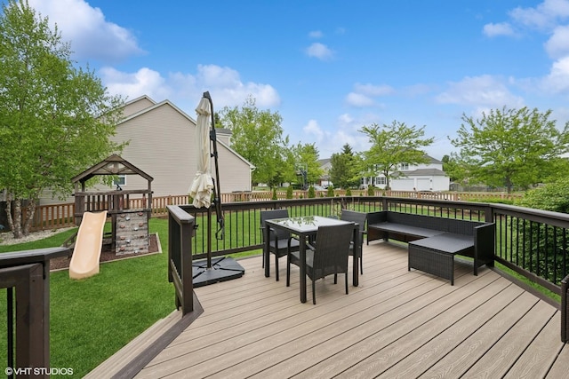 2363 Trailside Ln, Wauconda, IL 60084 - wooden terrace with outdoor dining area, a playground, and outdoor lounge area
