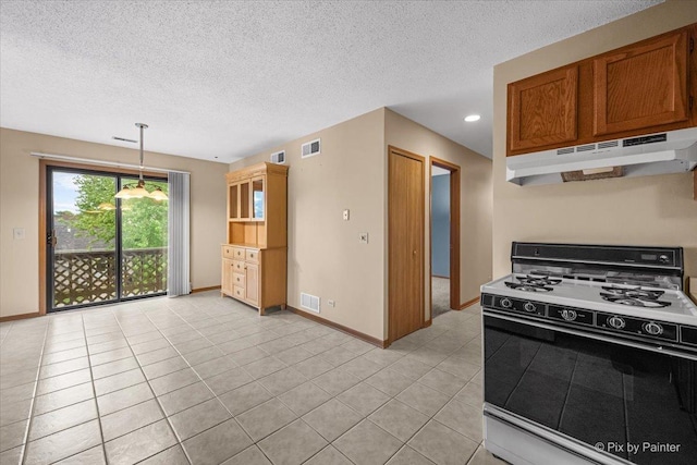 11405 Douglas Ave Unit D, Huntley, IL 60142 - kitchen with range with gas stovetop, under cabinet range hood, baseboards, a textured ceiling, and light tile patterned floors
