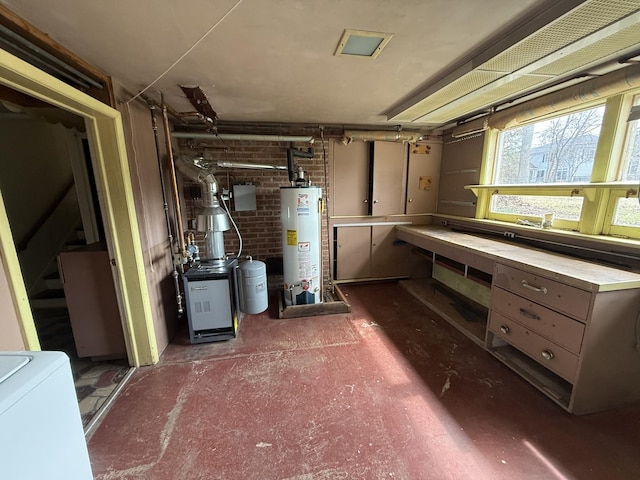 1850 Garland Ave, Highland Park, IL 60035 - basement featuring water heater, brick wall, and washer / clothes dryer