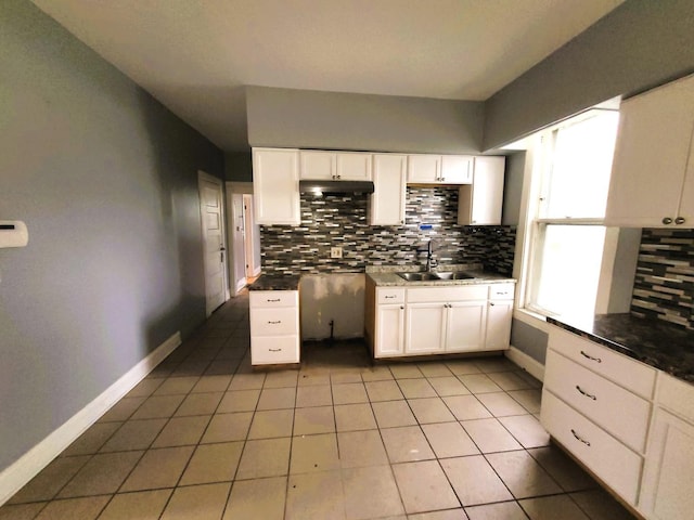6801 S Oakley Ave, Chicago, IL 60636 - kitchen with decorative backsplash, a sink, under cabinet range hood, and light tile patterned floors
