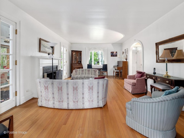 671 Euclid Ave, Glen Ellyn, IL 60137 - living room featuring arched walkways, wood finished floors, and a tiled fireplace