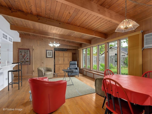 671 Euclid Ave, Glen Ellyn, IL 60137 - living area with wooden walls, wood ceiling, a chandelier, wood-type flooring, and a wall unit AC