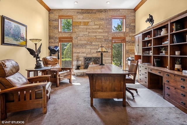 3 Shoreside Dr, South Barrington, IL 60010 - office space featuring carpet flooring, crown molding, and a stone fireplace