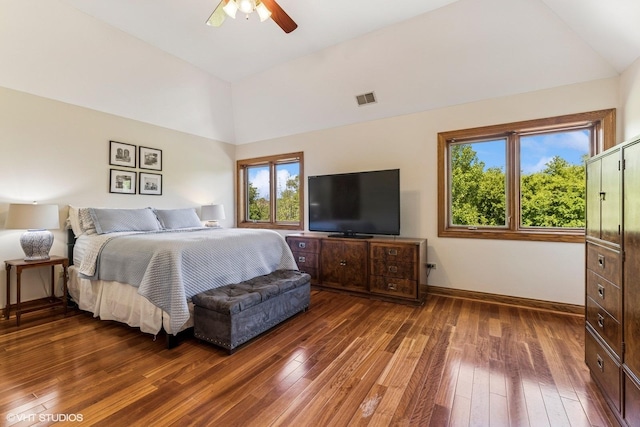 3 Shoreside Dr, South Barrington, IL 60010 - bedroom with hardwood / wood-style flooring, ceiling fan, and high vaulted ceiling