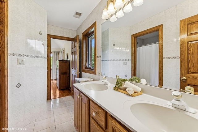 3 Shoreside Dr, South Barrington, IL 60010 - bathroom with tile walls, tile patterned flooring, double vanity, and a shower with shower curtain