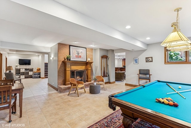 3 Shoreside Dr, South Barrington, IL 60010 - playroom featuring a brick fireplace, light tile patterned flooring, recessed lighting, and pool table