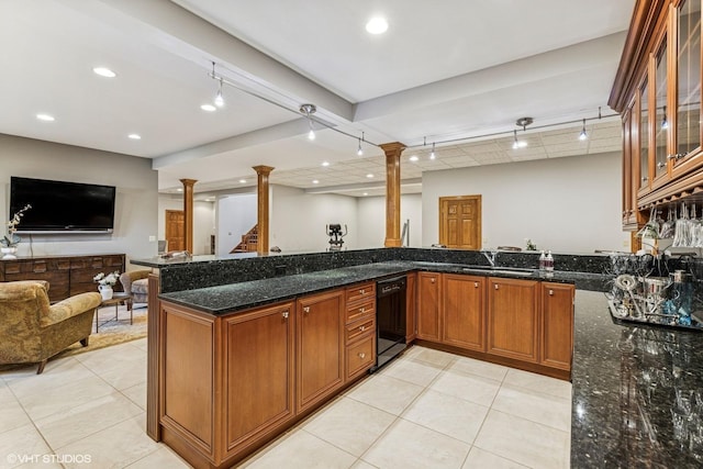 3 Shoreside Dr, South Barrington, IL 60010 - kitchen with open floor plan, black dishwasher, light tile patterned floors, dark stone counters, and brown cabinets