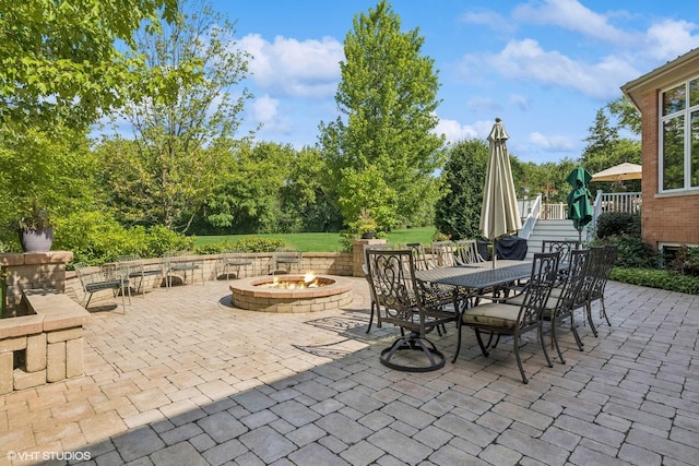 3 Shoreside Dr, South Barrington, IL 60010 - view of patio with an outdoor fire pit, outdoor dining area, and stairs