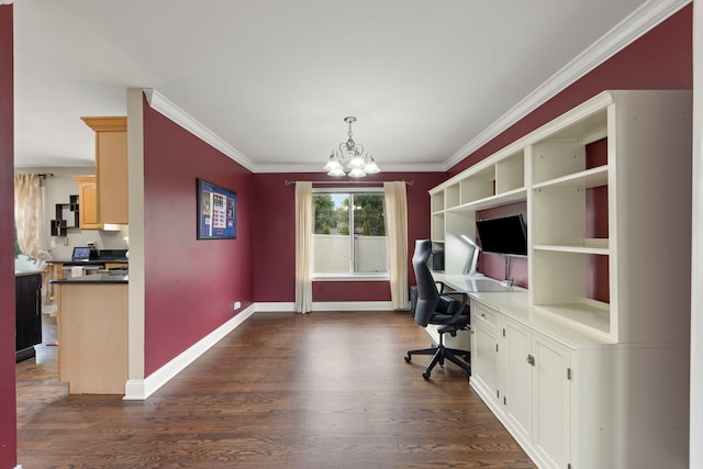 1462 Haversham Dr, Aurora, IL 60502 - home office featuring a chandelier, dark wood-style floors, baseboards, ornamental molding, and built in study area