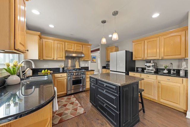 1462 Haversham Dr, Aurora, IL 60502 - kitchen with appliances with stainless steel finishes, a sink, light brown cabinetry, under cabinet range hood, and recessed lighting