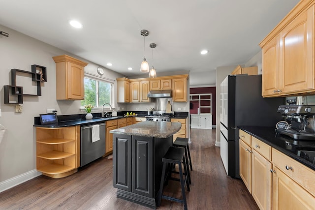 1462 Haversham Dr, Aurora, IL 60502 - kitchen featuring dishwasher, under cabinet range hood, light brown cabinetry, and recessed lighting
