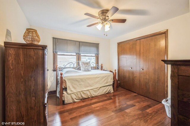 5639 W Montrose Ave, Chicago, IL 60634 - bedroom with hardwood / wood-style flooring, a closet, and a ceiling fan