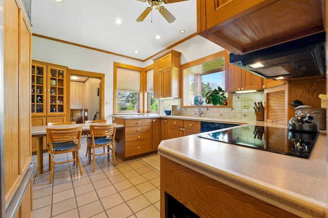706 Franklin Ave, River Forest, IL 60305 - kitchen featuring ceiling fan, decorative backsplash, light tile patterned floors, crown molding, and light countertops