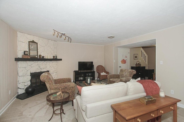 196 Shoreline Rd, Lake Barrington, IL 60010 - living area featuring carpet floors, baseboards, a fireplace, and crown molding