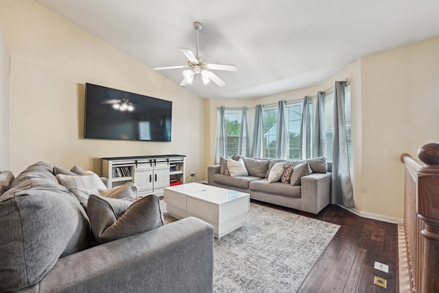 415 Hidden Creek Ln Unit 415, North Aurora, IL 60542 - living room featuring dark wood finished floors, baseboards, a ceiling fan, and lofted ceiling