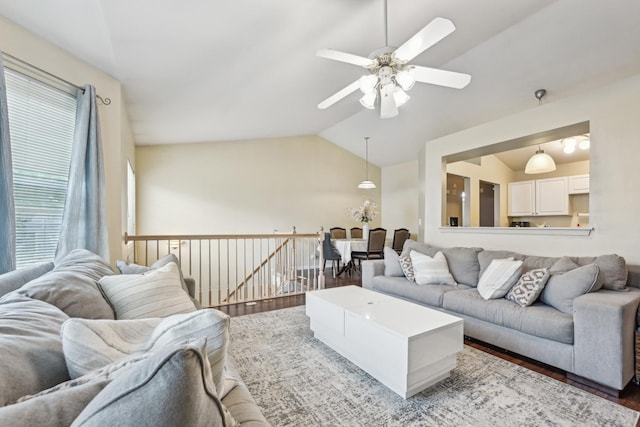 415 Hidden Creek Ln Unit 415, North Aurora, IL 60542 - living room with wood finished floors, vaulted ceiling, and a ceiling fan