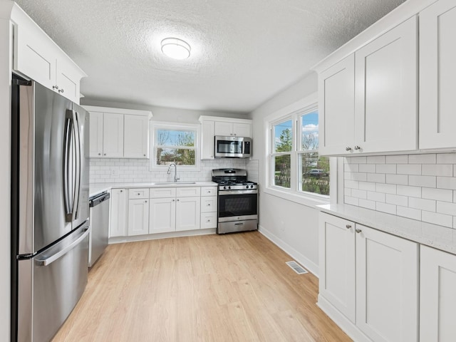 520 W Pheasant Ct, Round Lake Beach, IL 60073 - kitchen featuring appliances with stainless steel finishes, a sink, light countertops, a textured ceiling, and plenty of natural light