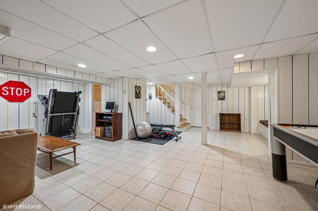 1117 Keystone Ave, River Forest, IL 60305 - living area featuring stairs, a paneled ceiling, light tile patterned floors, and recessed lighting