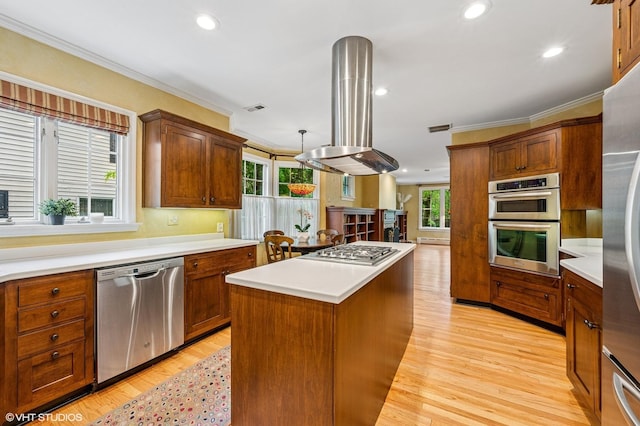 1117 Keystone Ave, River Forest, IL 60305 - kitchen with appliances with stainless steel finishes, island exhaust hood, a center island, ornamental molding, and light wood-style flooring
