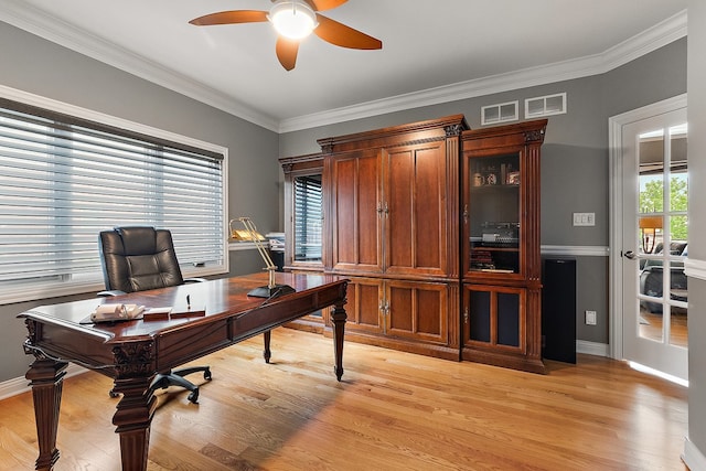 21186 Sage Brush Ln, Mokena, IL 60448 - office area with a ceiling fan, light wood-style flooring, ornamental molding, and baseboards