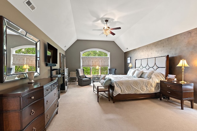 21186 Sage Brush Ln, Mokena, IL 60448 - bedroom with light carpet, vaulted ceiling, a ceiling fan, and baseboards