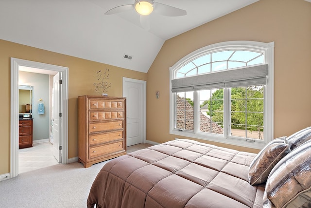 21186 Sage Brush Ln, Mokena, IL 60448 - bedroom with light carpet, lofted ceiling, baseboards, a ceiling fan, and ensuite bathroom