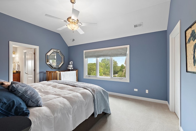 21186 Sage Brush Ln, Mokena, IL 60448 - carpeted bedroom with lofted ceiling, baseboards, a ceiling fan, and ensuite bathroom