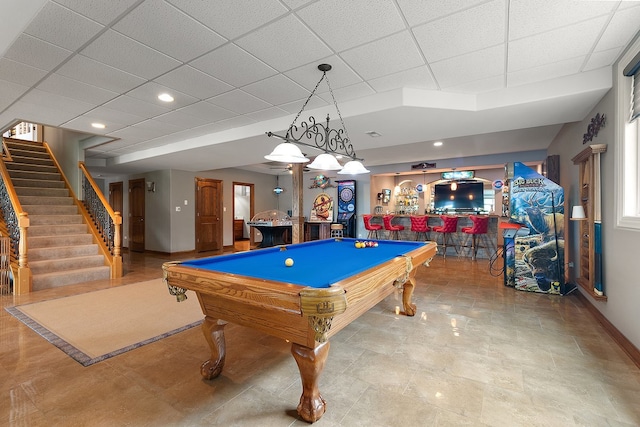 21186 Sage Brush Ln, Mokena, IL 60448 - playroom with baseboards, billiards table, and a drop ceiling