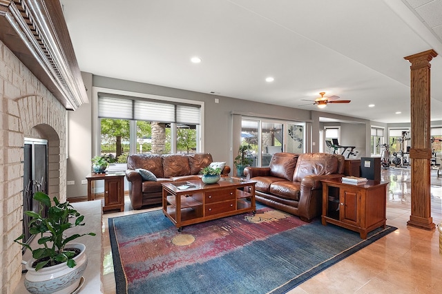 21186 Sage Brush Ln, Mokena, IL 60448 - living area featuring decorative columns, recessed lighting, and ceiling fan