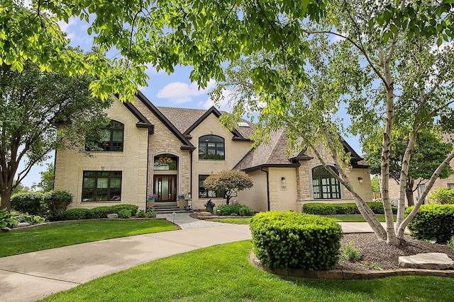 21186 Sage Brush Ln, Mokena, IL 60448 - french provincial home featuring a front yard, stone siding, and brick siding