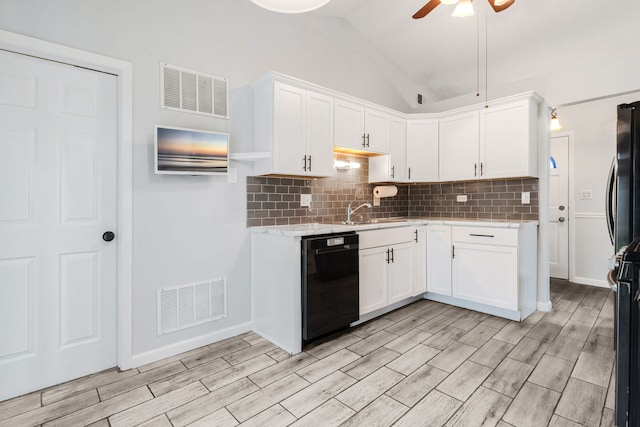 828 Huron Ct, Carol Stream, IL 60188 - kitchen with dishwasher, ceiling fan, decorative backsplash, white cabinets, and light wood-style floors
