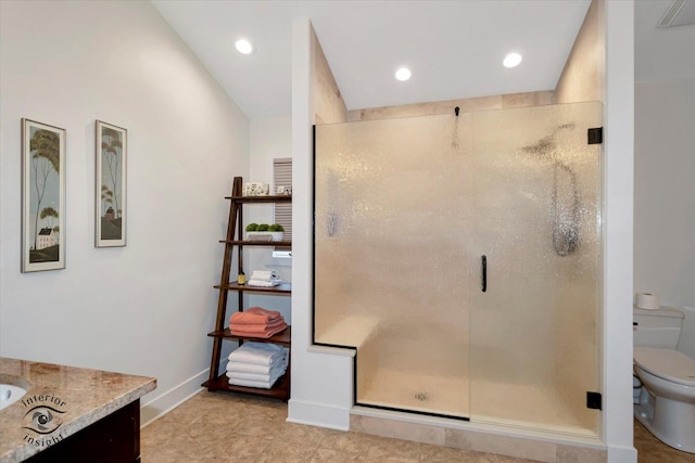 1233 Prairie Ln, Lemont, IL 60439 - bathroom with toilet, a stall shower, vanity, baseboards, and recessed lighting