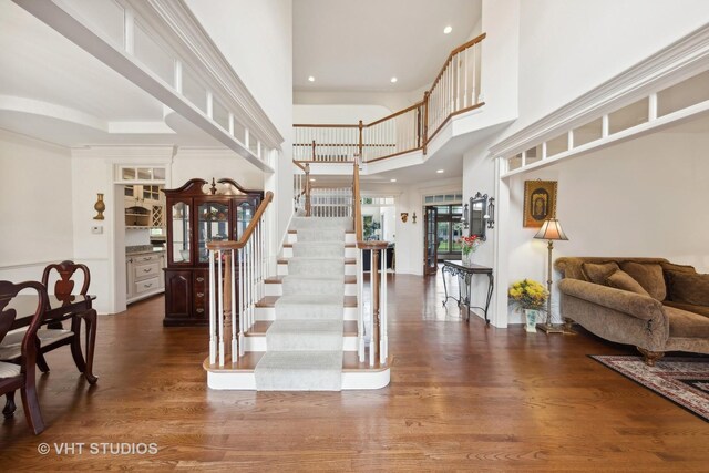 3620 Schillinger Ct, Naperville, IL 60564 - entryway featuring wood finished floors, stairway, a towering ceiling, and recessed lighting