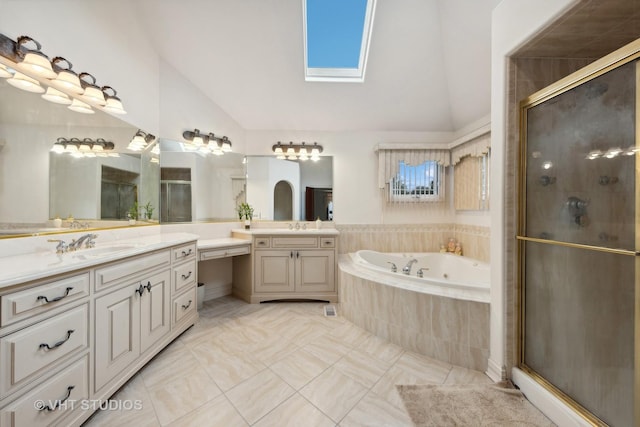 3620 Schillinger Ct, Naperville, IL 60564 - full bathroom featuring a skylight, a shower stall, a tub with jets, high vaulted ceiling, and tile patterned floors