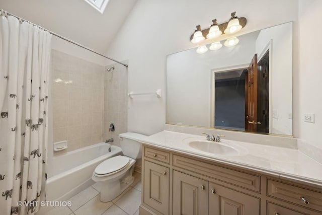 3620 Schillinger Ct, Naperville, IL 60564 - bathroom featuring a skylight, tile patterned floors, toilet, shower / tub combo with curtain, and vanity