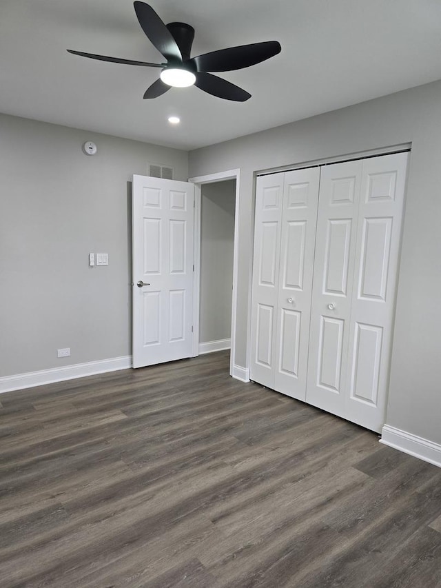 177 E Fullerton Ave, Glendale Heights, IL 60139 - unfurnished bedroom with baseboards, a closet, dark wood-style floors, ceiling fan, and recessed lighting