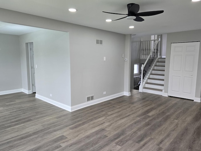 177 E Fullerton Ave, Glendale Heights, IL 60139 - unfurnished living room with ceiling fan, stairs, baseboards, recessed lighting, and wood finished floors