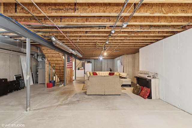 31730 N Clearwater Dr, Lakemoor, IL 60051 - unfinished basement featuring washer / clothes dryer, heating unit, and stairway