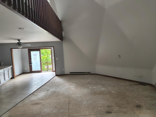 39460 N Park Ave, Lake Villa, IL 60046 - unfurnished living room with baseboards, a baseboard radiator, a high ceiling, and a ceiling fan