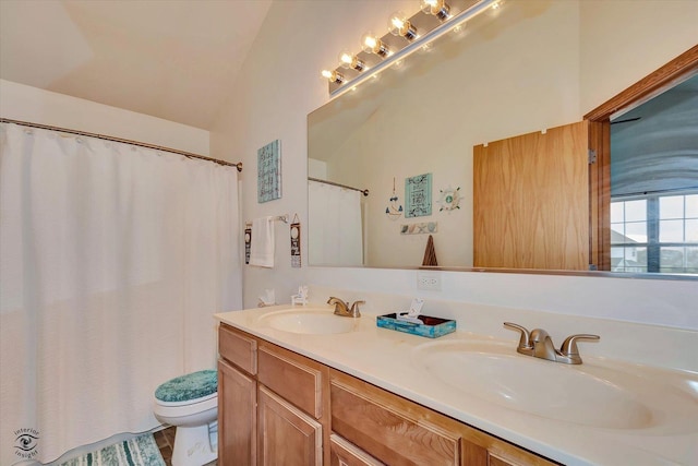 15255 Kenmare Cir, Manhattan, IL 60442 - bathroom with double vanity, vaulted ceiling, and a shower with shower curtain