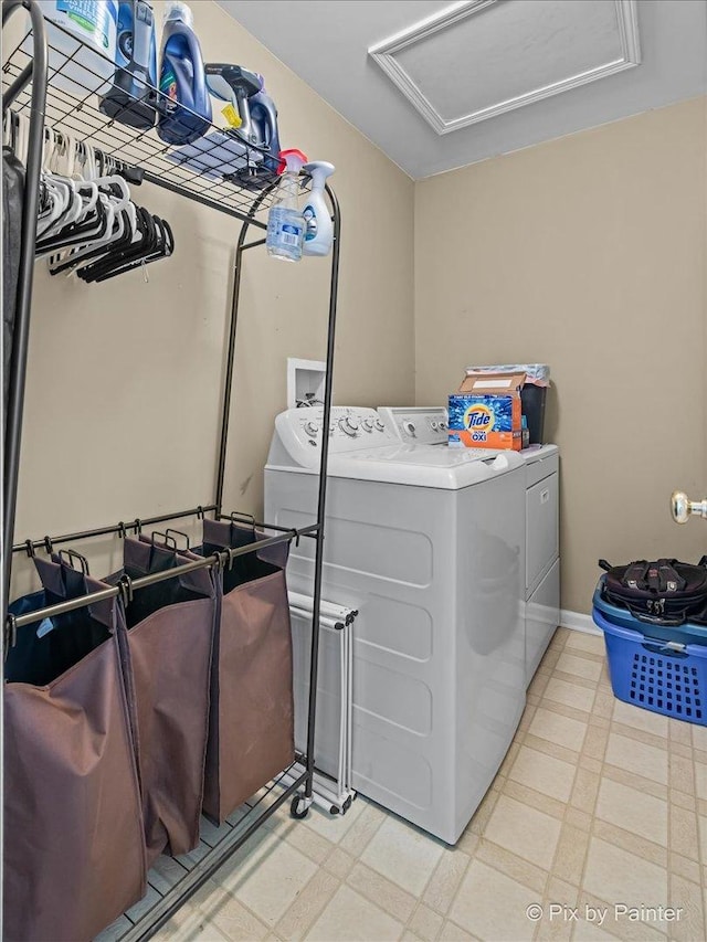 3208 Raphael Ct, Saint Charles, IL 60175 - laundry area featuring attic access, washer and dryer, and light floors