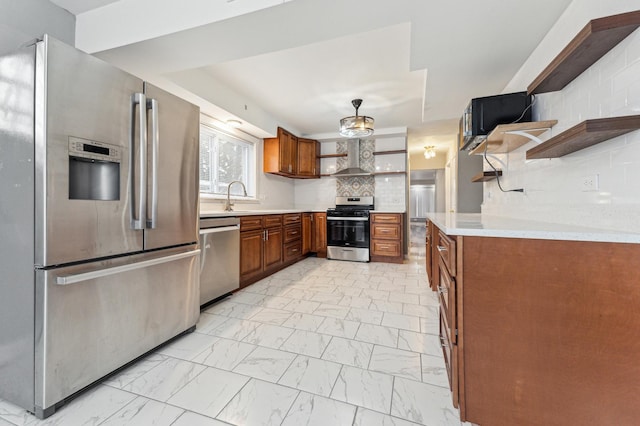11423 S Calumet Ave, Chicago, IL 60628 - kitchen with open shelves, stainless steel appliances, brown cabinetry, and light marble finish floors