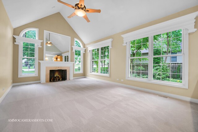 792 Black Walnut Dr, Sugar Grove, IL 60554 - unfurnished living room with a ceiling fan, high vaulted ceiling, carpet flooring, and a fireplace with flush hearth