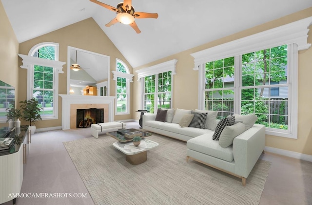 792 Black Walnut Dr, Sugar Grove, IL 60554 - carpeted living area with a ceiling fan, high vaulted ceiling, and a fireplace with flush hearth
