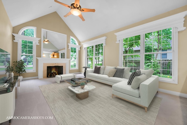792 Black Walnut Dr, Sugar Grove, IL 60554 - carpeted living room with ceiling fan, high vaulted ceiling, and a warm lit fireplace