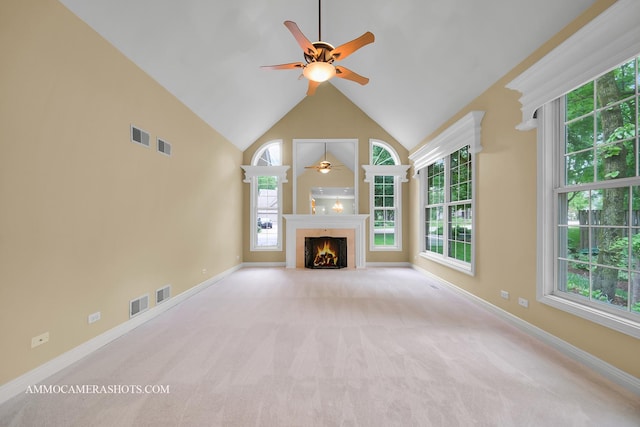 792 Black Walnut Dr, Sugar Grove, IL 60554 - unfurnished living room featuring a ceiling fan, carpet floors, high vaulted ceiling, and a fireplace with flush hearth